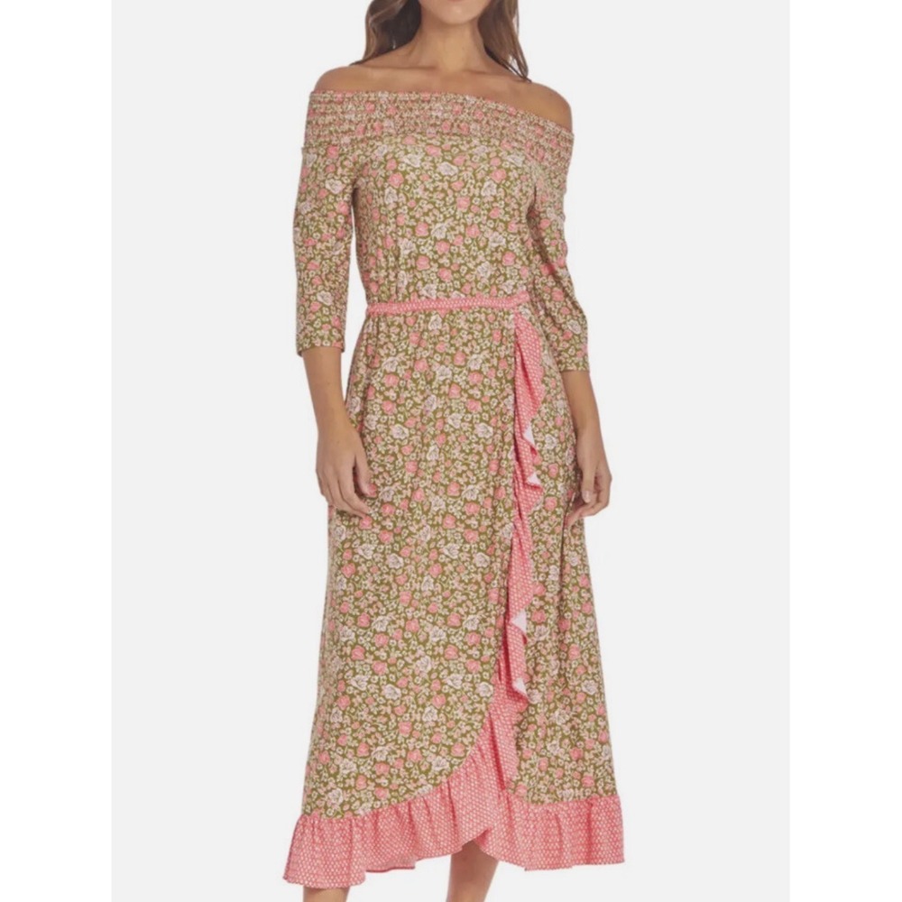 Cabana Life Floral Off Shoulder Maxi Dress Pink Ruffle Large boho‎ resort beach